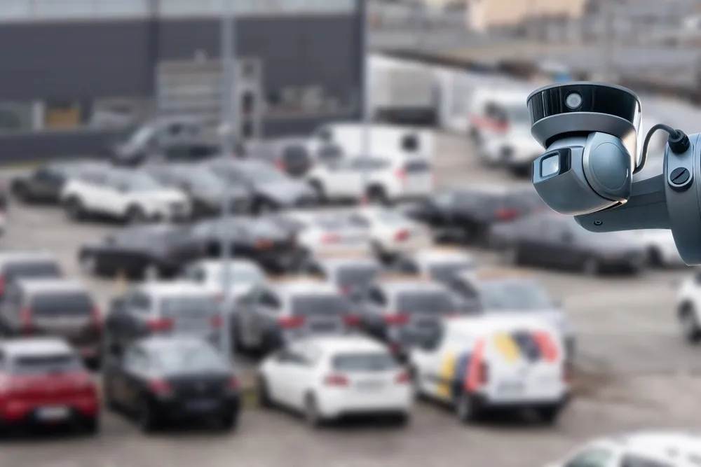 Active deterrence security camera with warning lights at a commercial building